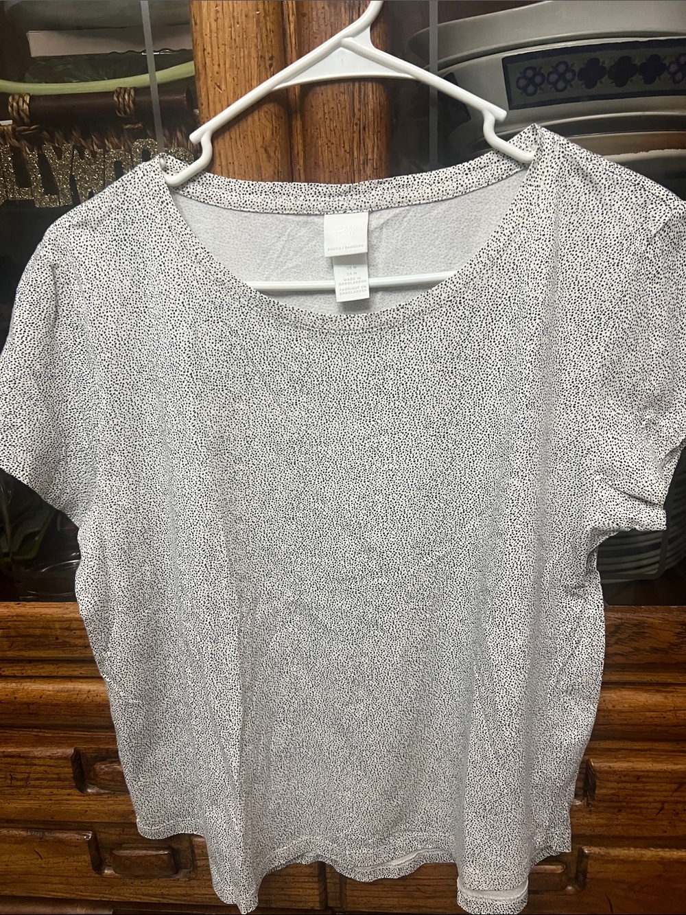 H&M Women's Scoop Neck Short Sleeve Top - White with Black Micro Dot -
